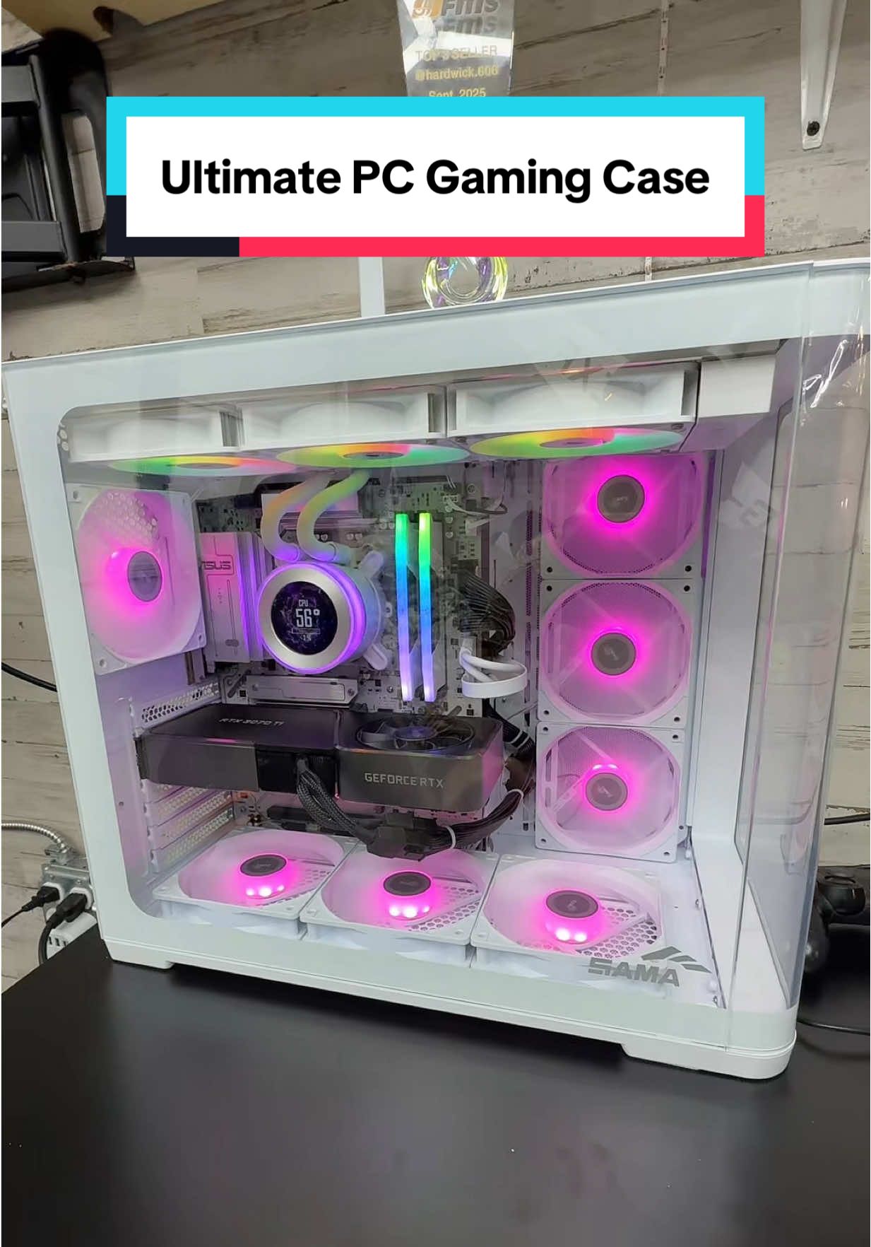 TikTok post by @the.reel.family.shop for Newegg. Caption reads: [...] #pcgamer #pccase #custompc #gamers @Newegg,....