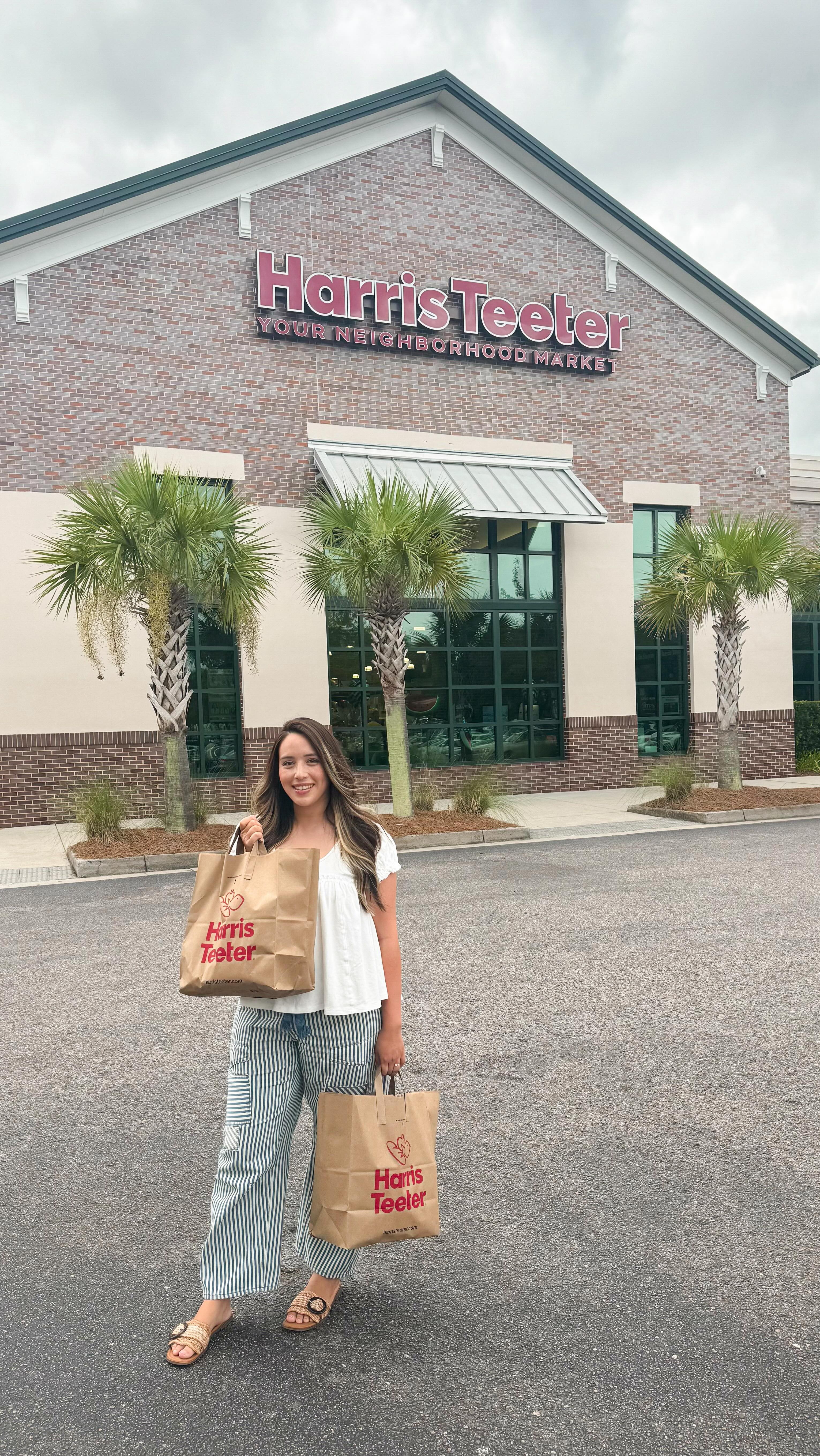 Instagram post by @karinaalyza for Harris Teeter. Caption reads: #ad Put together a Lowcountry gift basket with me!....