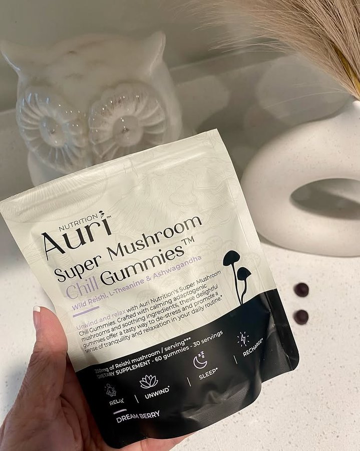 Instagram post by @stacy.bowler for Auri Nutrition. Caption reads: u n w i n d &  r e l a x 
with the super mushroom ....