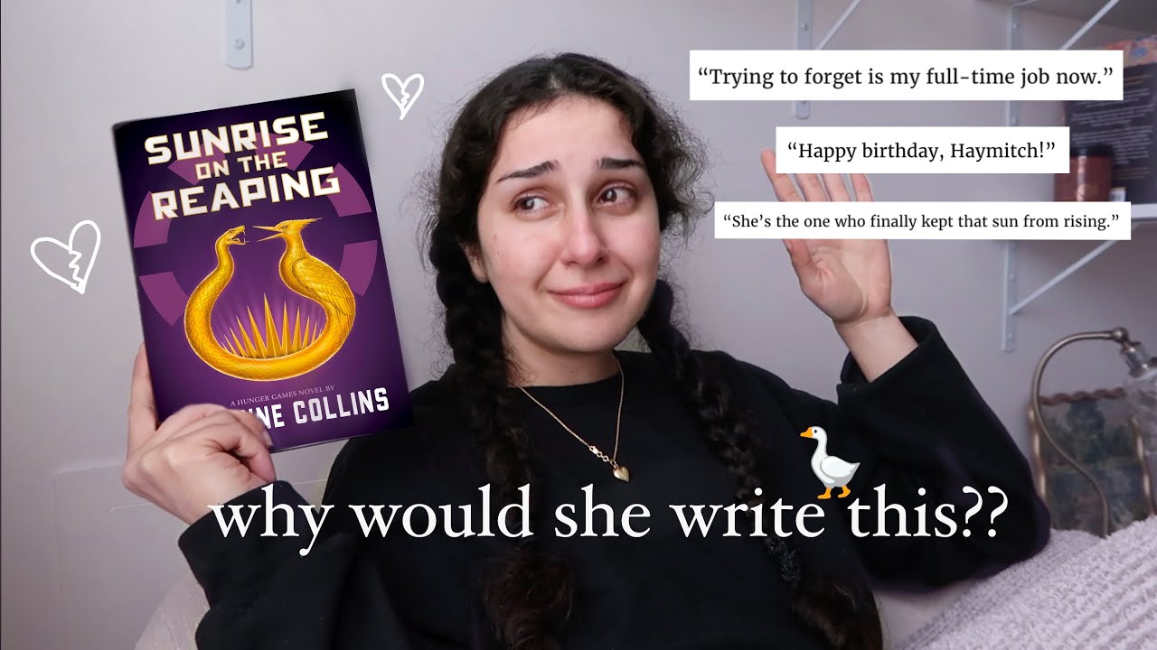 YouTube post by @AClockworkReader for BookoftheMonth. Caption reads: sunrise on the reaping destroyed me and i'll never....