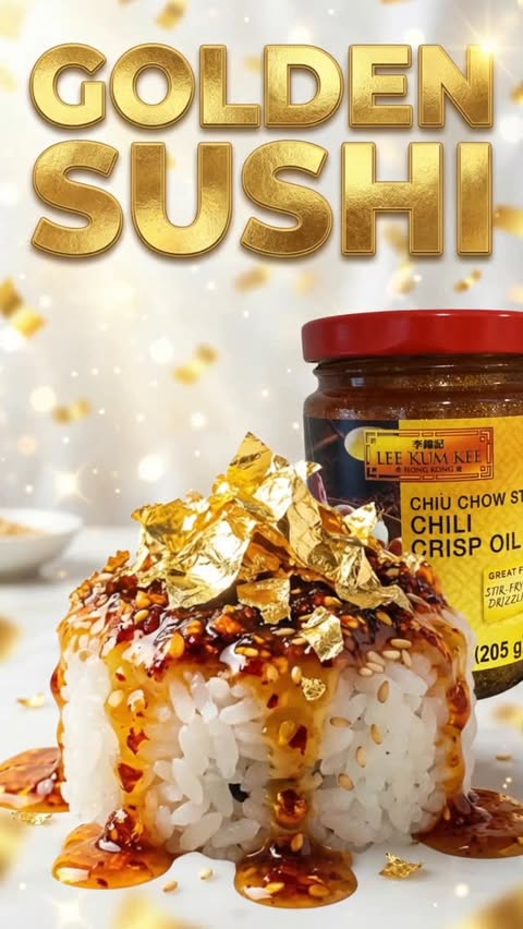 Instagram post by @chuchington for Lee Kum Kee. Caption reads: [...] #sushi #gold #finedining #aprilfools....