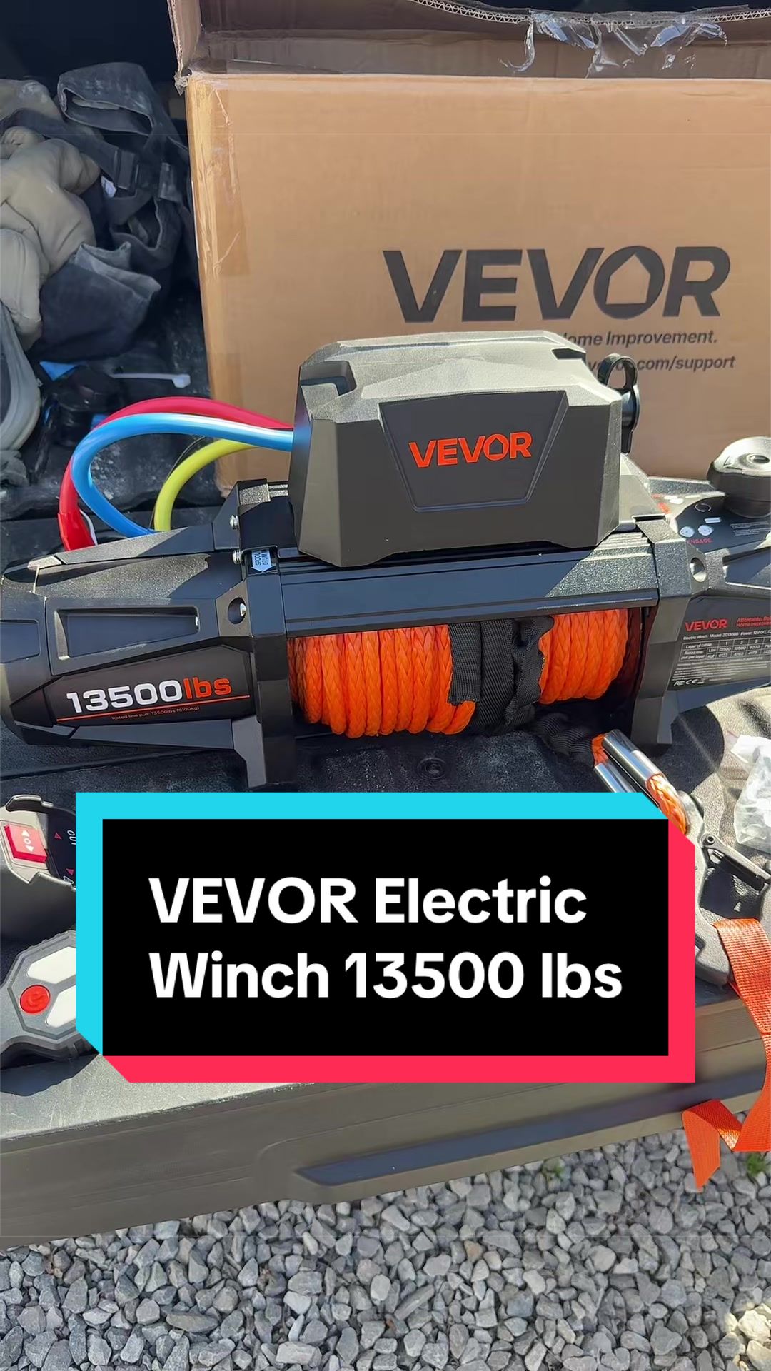 TikTok post by @hardwick_606 for VEVOR US. Caption reads: #winch #electricwinch #offroad #vevor #summerfinds....