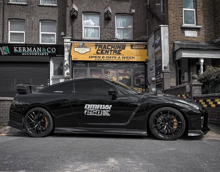 Instagram post by @sambostyres for Full Send. Caption reads: #LessTalkMoreAction 🤫 Our project GT-R posing....