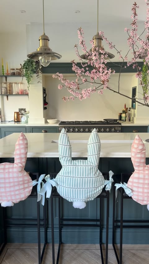 Instagram post by @houseofhaz for Dunelm. Caption reads: ‘AD 🐰 DIY Easter Bunny Chair Backs with @DunelmUK....