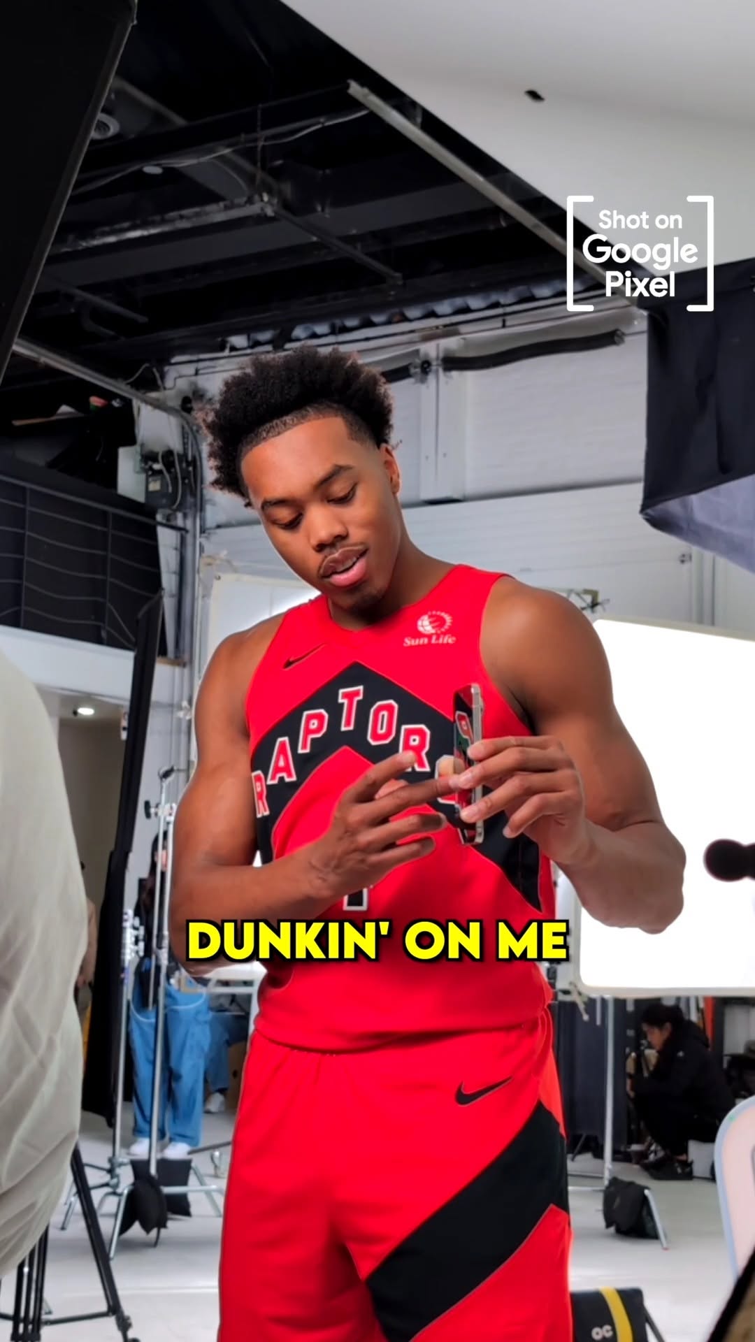 Instagram post by @raptors for Google Pixel. Caption reads: Safe to say that @ya.boy.scottie and @jackhellooo....