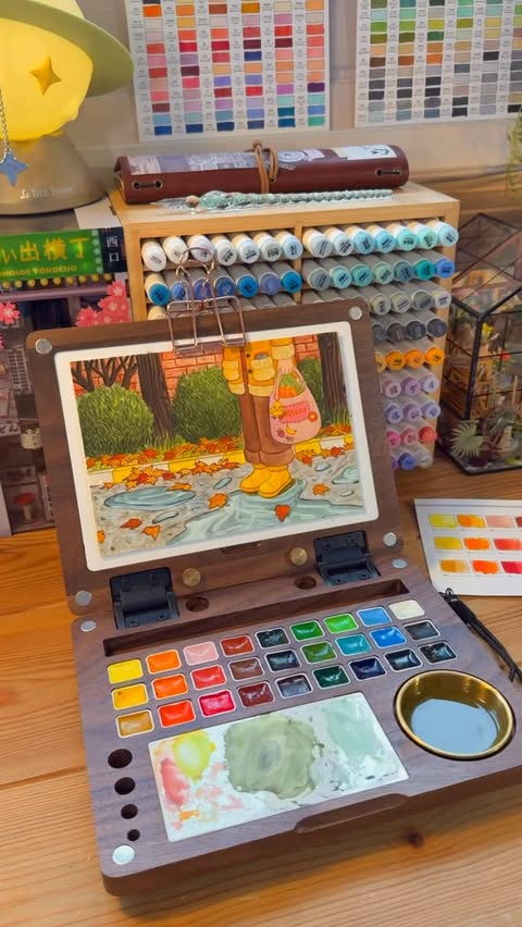 Instagram post by @calmforeststudio for MEEDEN ART. Caption reads: Painting with a new watercolor set from....