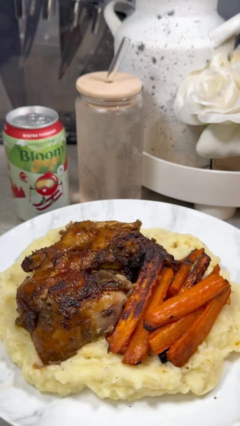 Instagram post by @cookwithnidi for Bloom Nutrition. Caption reads: Baked chicken dinner 🤤 recipe ↓ Paired with the....