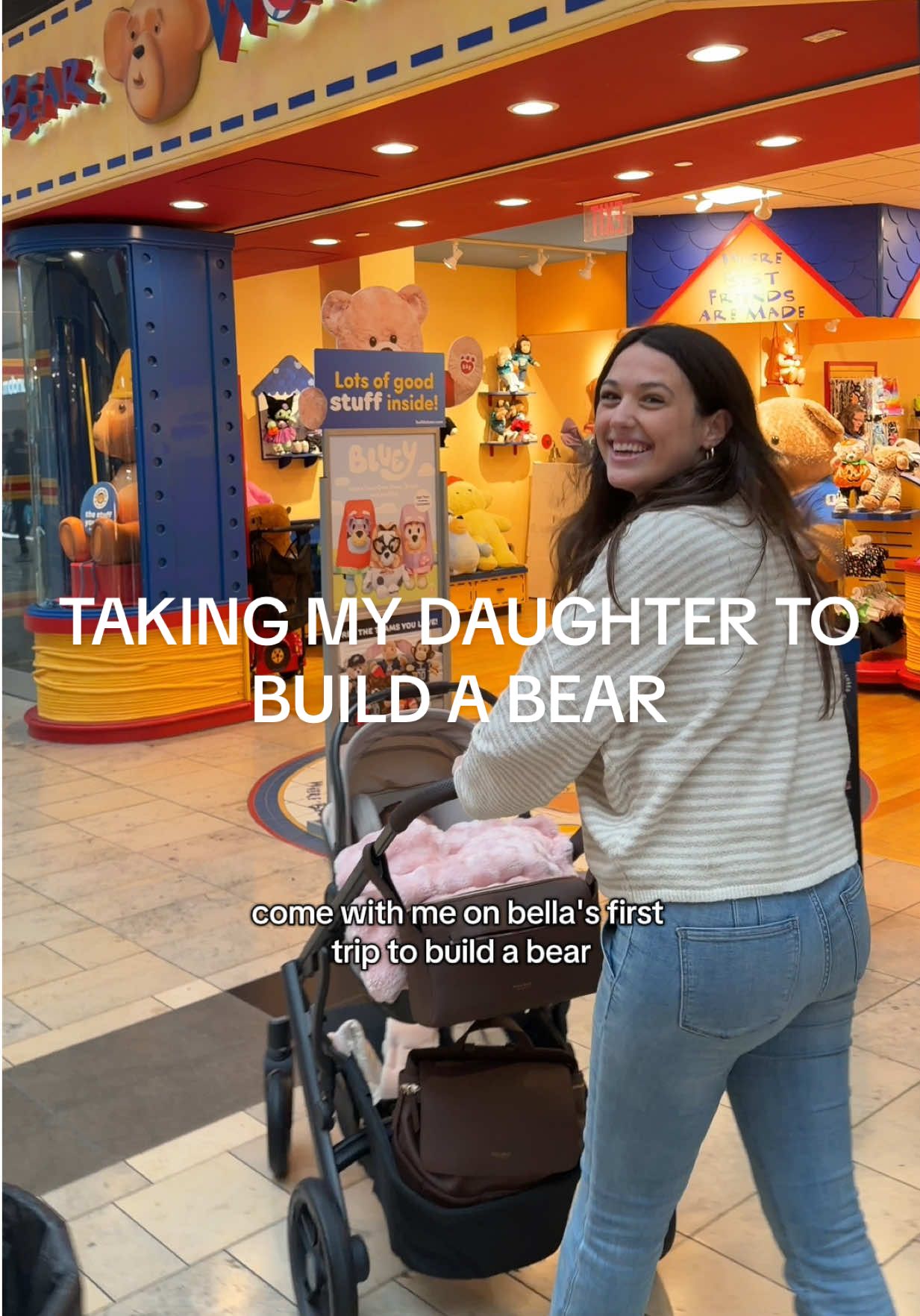 TikTok post by @monicagartner for Build-A-Bear. Caption reads: Bella’s first @Build-A-Bear Workshop trip 🥹🧸....