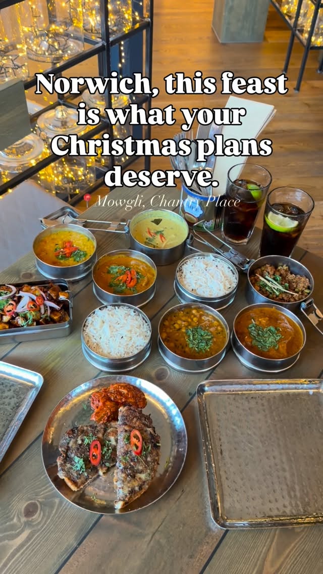 Instagram post by @eat_out_norwich for Mowgli Street Food. Caption reads: Norwich, this feast is what your Christmas plans....