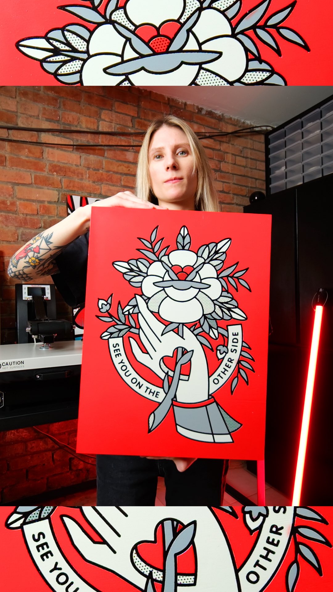 Instagram post by @redhalftone for StickerApp. Caption reads: [...] on wood panel 🔴 Sold Sponsored by....