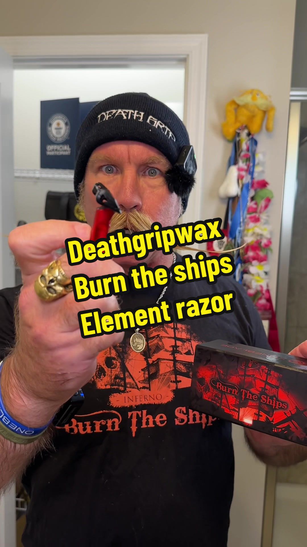 TikTok post by @bobandelliothismustache for Death Grip Wax. Caption reads: A great shave with my @Death Grip Wax Burn the....