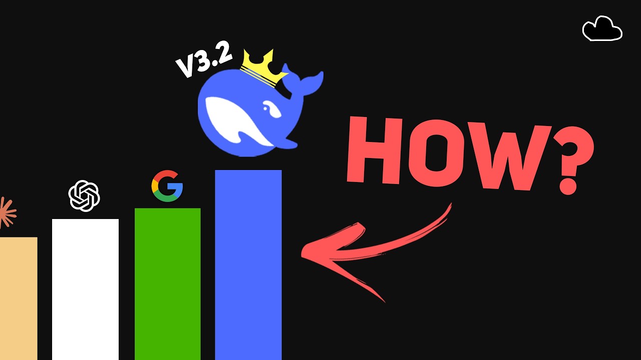 YouTube post by @bycloudAI for HubSpot. Caption reads: DeepSeek V3.2 Just Broke SoTA Again… But How?.