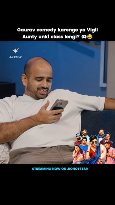 Instagram post by @bollydhmaka2.0 for JioHotstar. Caption reads: [...] relax and laugh. Streaming now on....