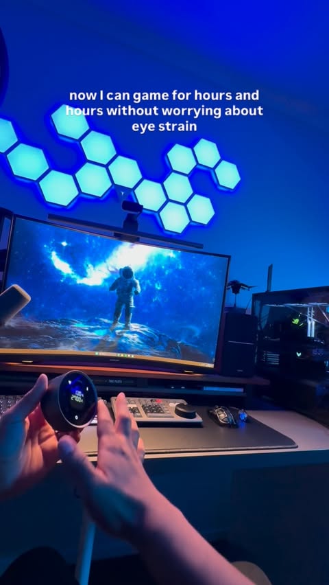 Instagram post by @studioyatco for BenQ Lighting. Caption reads: Desk setup must have. Benq Screenbar Halo 2 Get it....