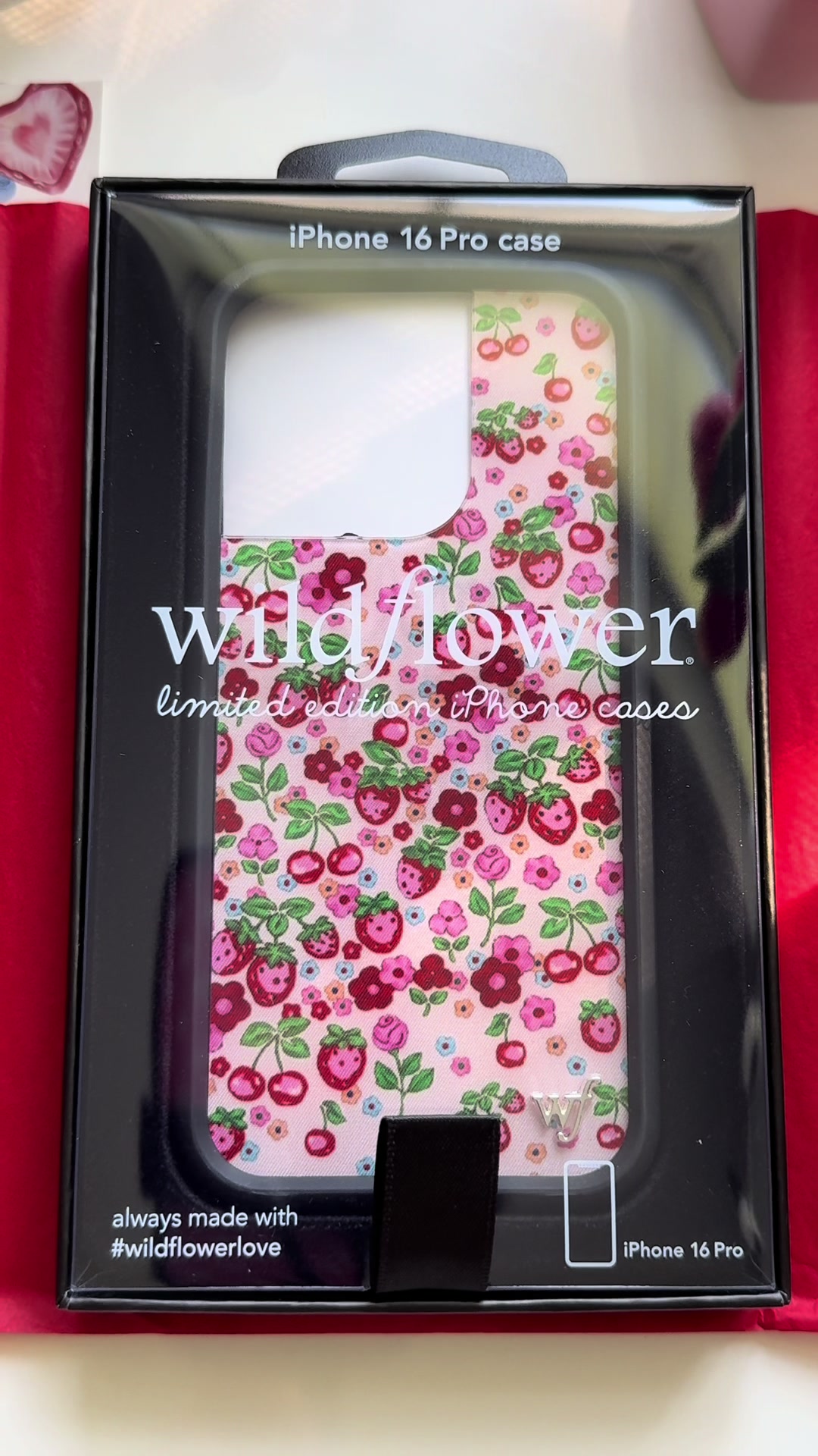 TikTok post by @luvlyksvv for Wildflower Cases. Caption reads: [...] spring!! 🎀🍓🌸🍒tysmmm @Wildflower Cases 💌....