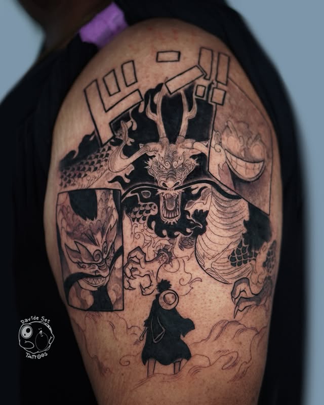 Instagram post by @davidesettattoos for EZ Tattoo Supply. Caption reads: Kaido Luffy tattoo 
•
Sponsored @eztattooing.