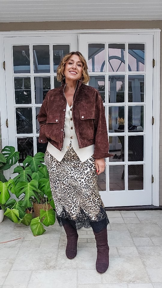 Instagram post by @dressedtothemax for Needs No Label. Caption reads: Leopard, lace, suede, burgundy and chocolate....