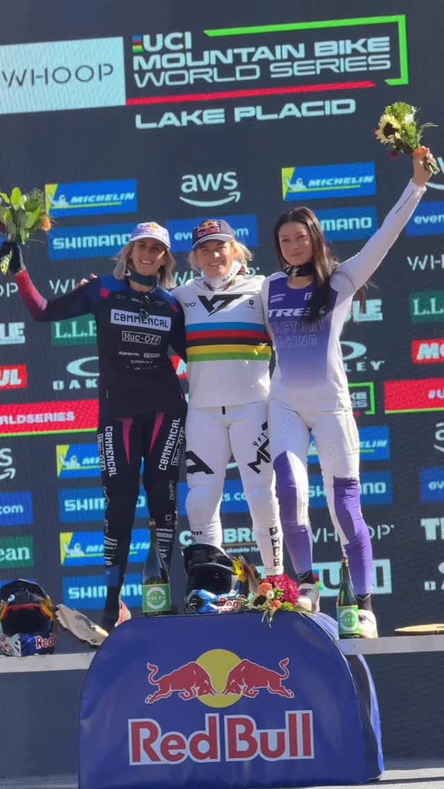 Instagram post by @trekfactoryracingdh for WD-40. Caption reads: Bangers & mash works 🥔 Sacha takes her first....