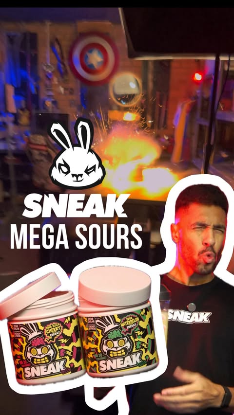 Instagram post by @superrobotninja for Sneak Energy. Caption reads: @sneakenergy Mega Sours has arrived 🤯🤯🤯 TASTE....