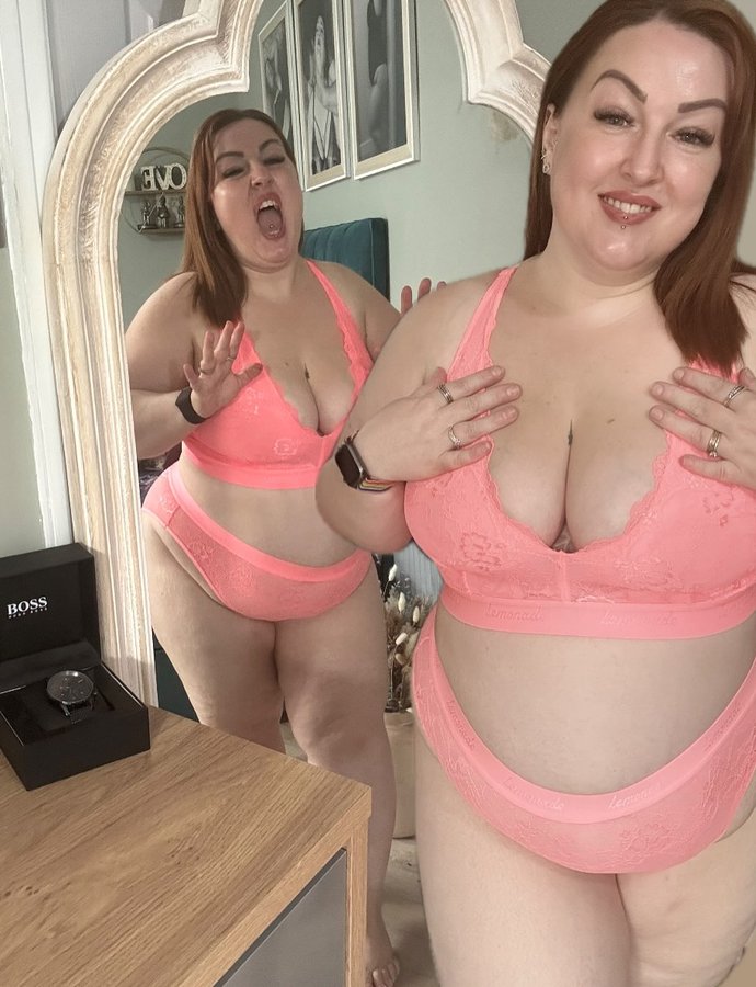 Instagram post by @curvy_crazy_cute for Lemonade Dolls. Caption reads: [...] neon coral signature lace set from....