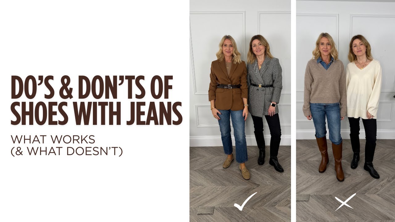 YouTube post by @mmpersonalstyling for Klarna. Caption reads: Do's and don'ts of shoes with jeans. What works &....