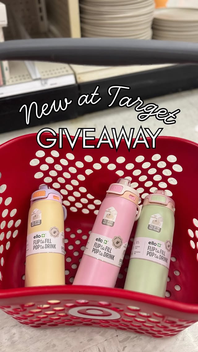 Instagram post by @trendyfavefinds for Ello Products. Caption reads: Giveaway! ✨ NEW @elloproducts Pop & Fill 22oz....