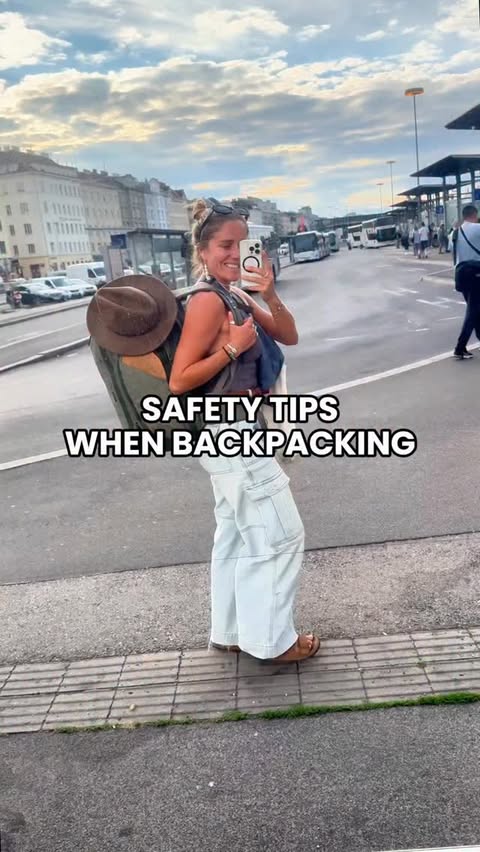 Instagram post by @barefoot.blaze for Holafly. Caption reads: Backpacking safety tips below 👇🏽

Travelling has....