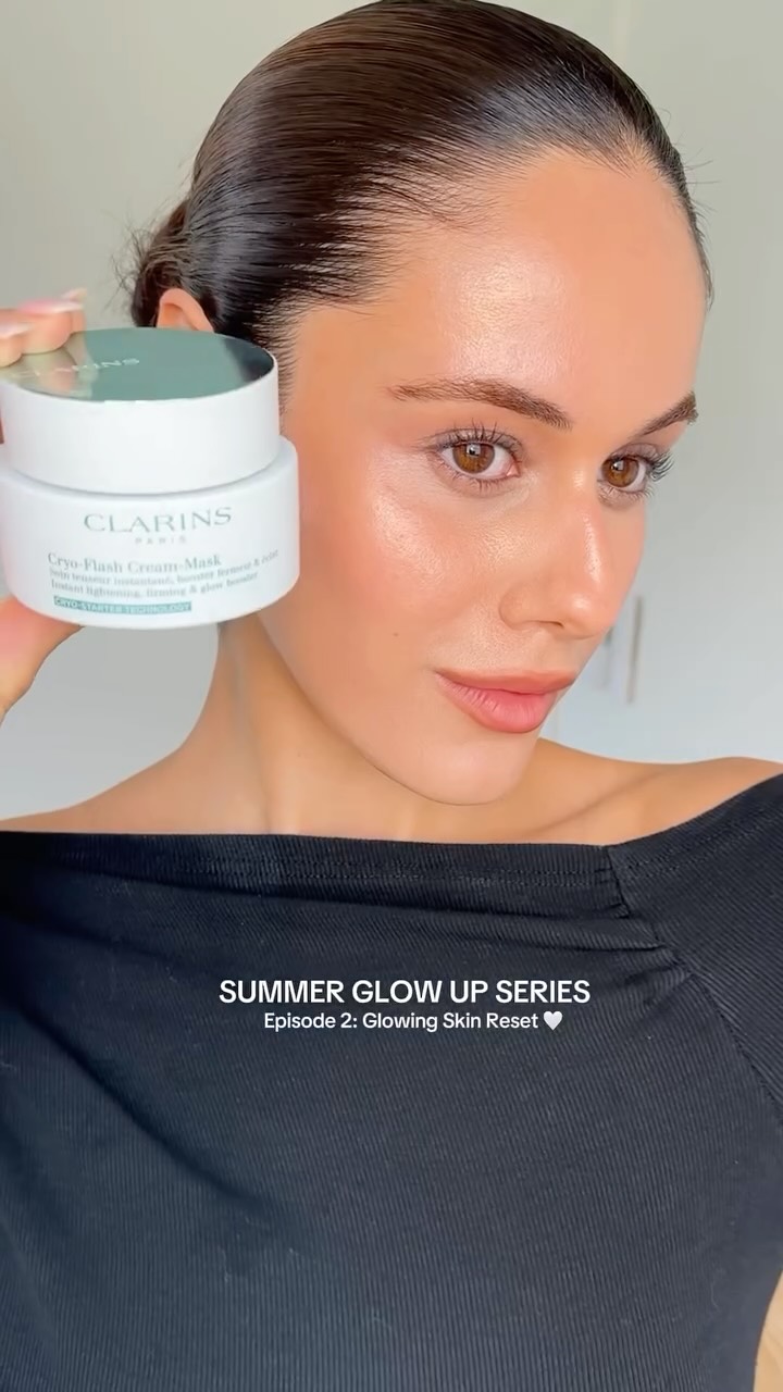 Instagram post by @yasduralii for CLARINS USA. Caption reads: Reset my skin with me for summer 🤍 using the....
