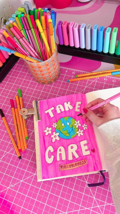 Instagram post by @allyblaireco for STABILO. Caption reads: Take care 💗🌎 Tried out some fun new @stabilousa....