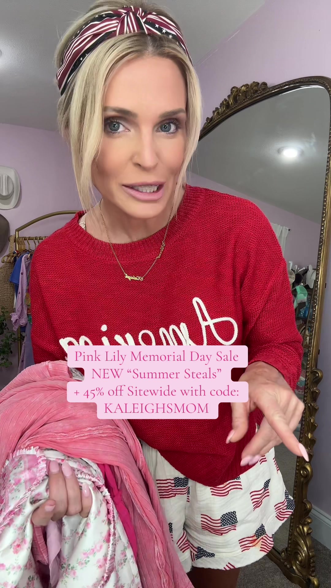 TikTok post by @kaleighs_mom for Pink Lily. Caption reads: Pink Lily Memorial Day Sale, with the summer [...].