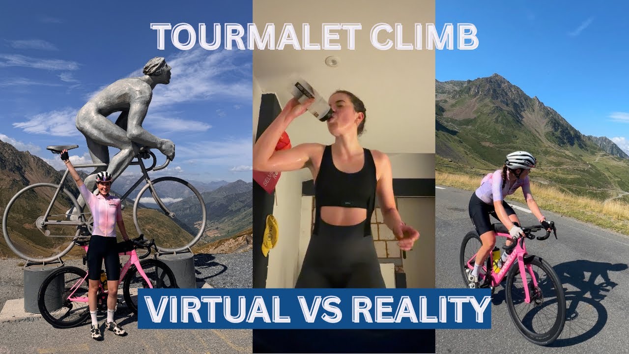 YouTube post by @amy.cycling.adventures for Garmin. Caption reads: TOURMALET CLIMB VIRTUAL VS REALITY .