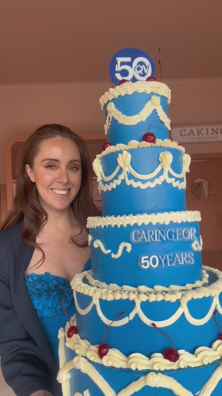 Instagram post by @sweetbakes_ for QV Skincare. Caption reads: Happy 50th Birthday @qvskincare! Care is the main....