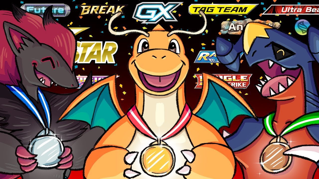 YouTube post by @TrickyGym for Dragon Shield. Caption reads: I Ranked Every Pokémon TCG Mechanic Ever.