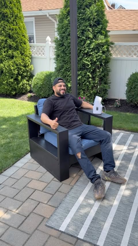 Instagram post by @avwooddesigns for Ontel Products. Caption reads: DIY outdoor side chair build . Backyard setup is....