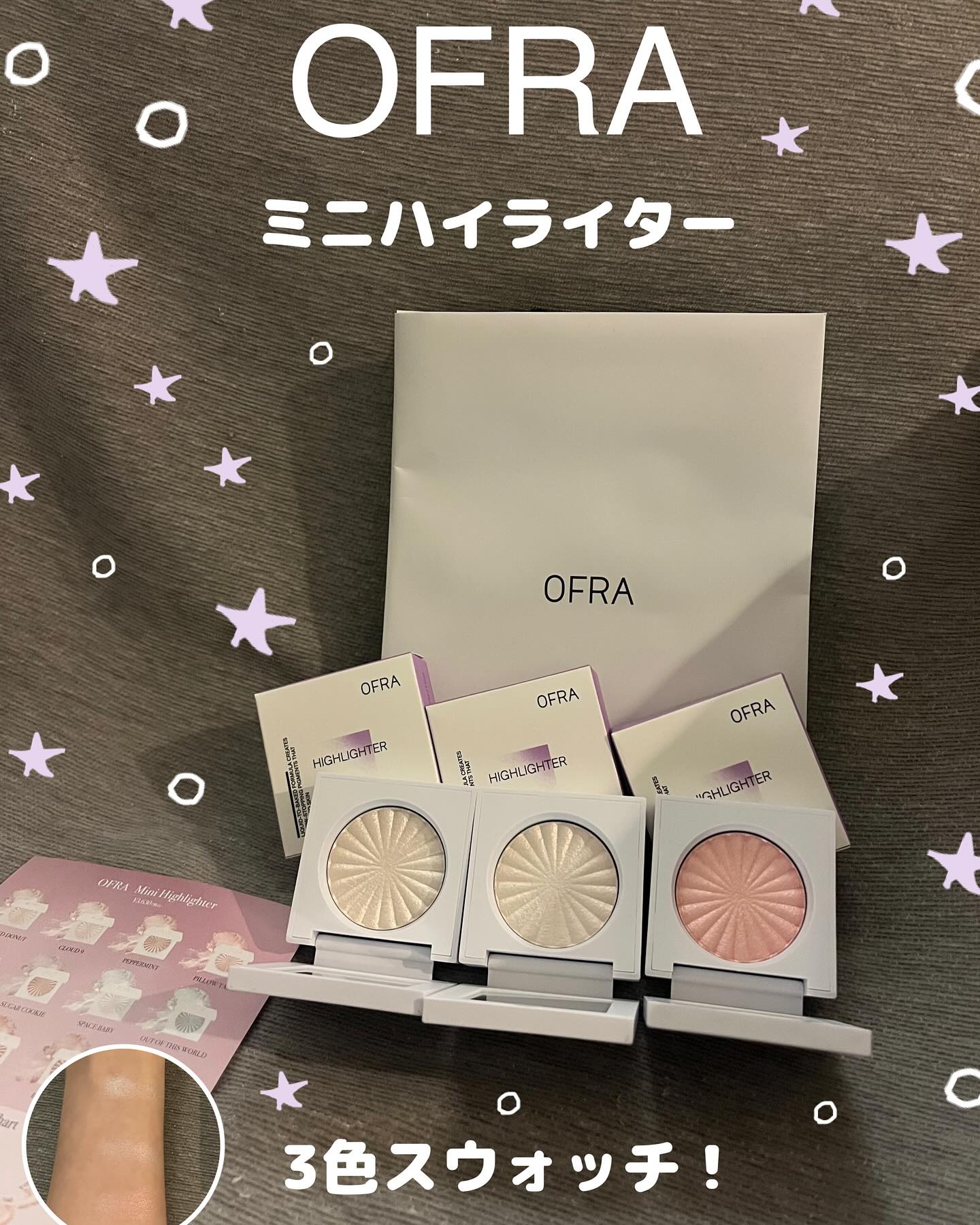 Instagram post by @cosming66 for Ofra Cosmetics. Caption reads: 【OFRA】
オフラ　ミニハイライター

全11色/3g/¥3,630（税込）
今回使用
* ....