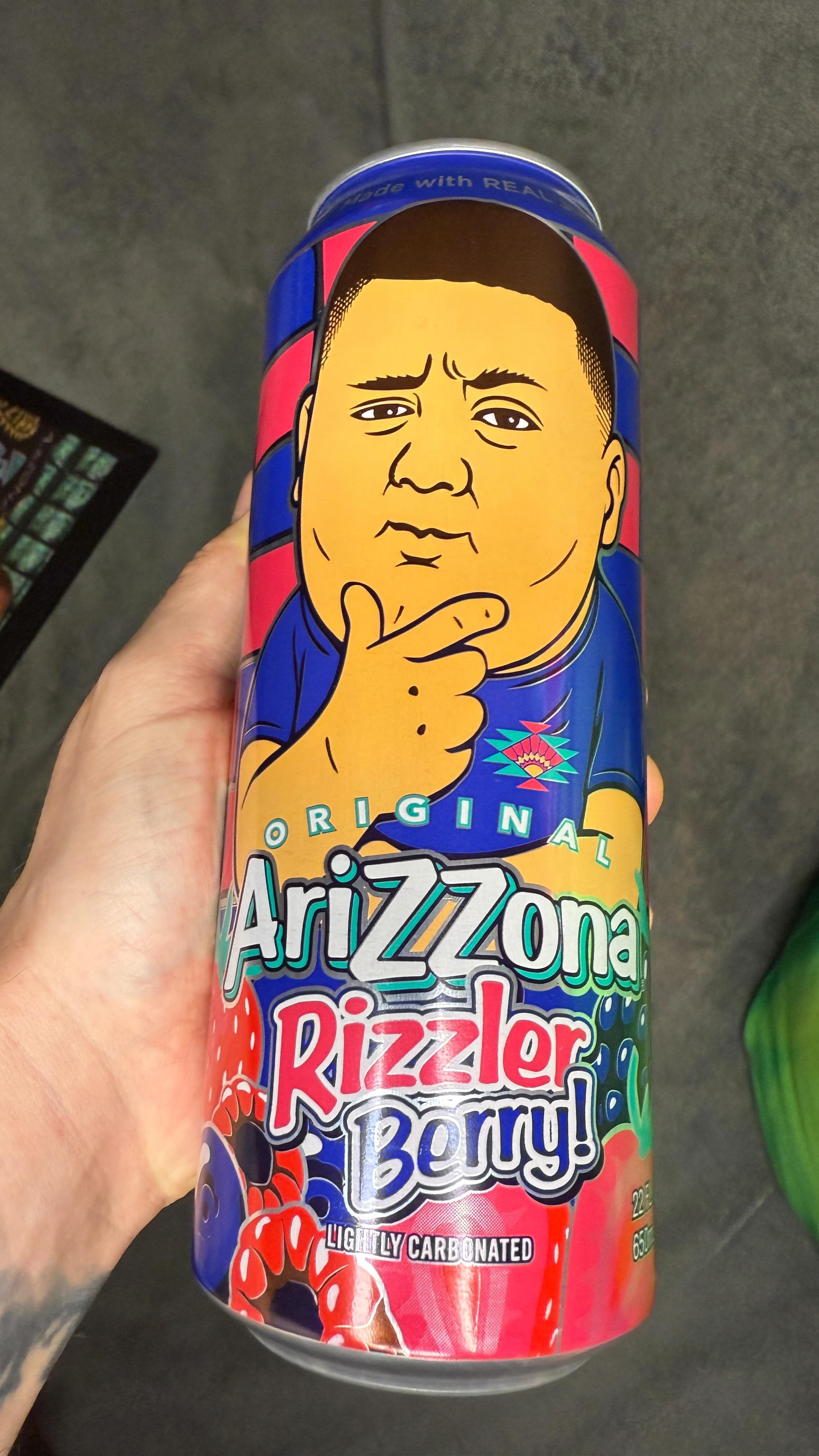Instagram post by @markie_devo for AriZona Iced Tea. Caption reads: AriZona X The Rizzler Rizzler Berry Taste....