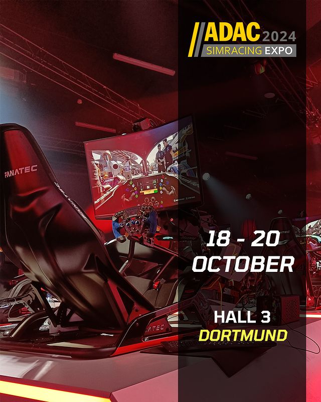 Instagram post by @simracing_expo for Fanatec. Caption reads: [...] @adac_simracing_expo #SimRacingExpo #Fanatec.