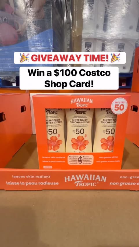 Instagram post by @costcofindsca for Hawaiian Tropic. Caption reads: [...] a $100 Costco Canada Gift Card! #ad Hawaiian....
