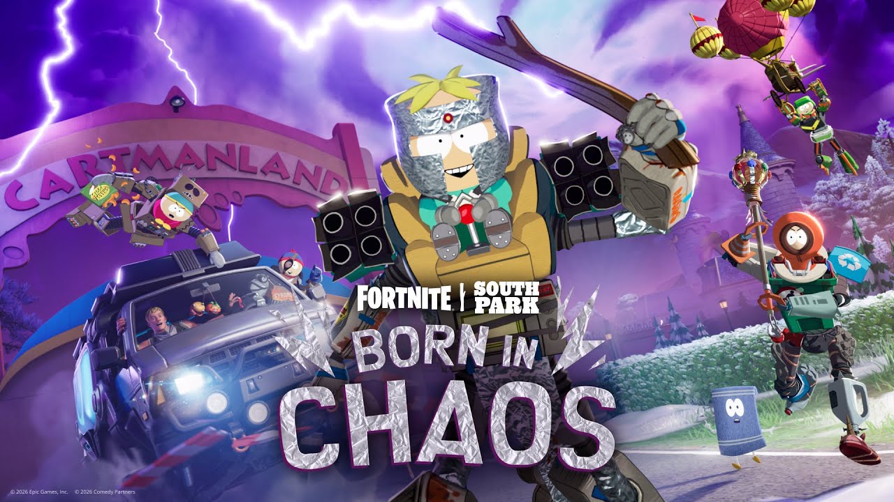 YouTube post by @fortnite for Epic Games. Caption reads: Born in Chaos - South Park Drops Into Fortnite!.