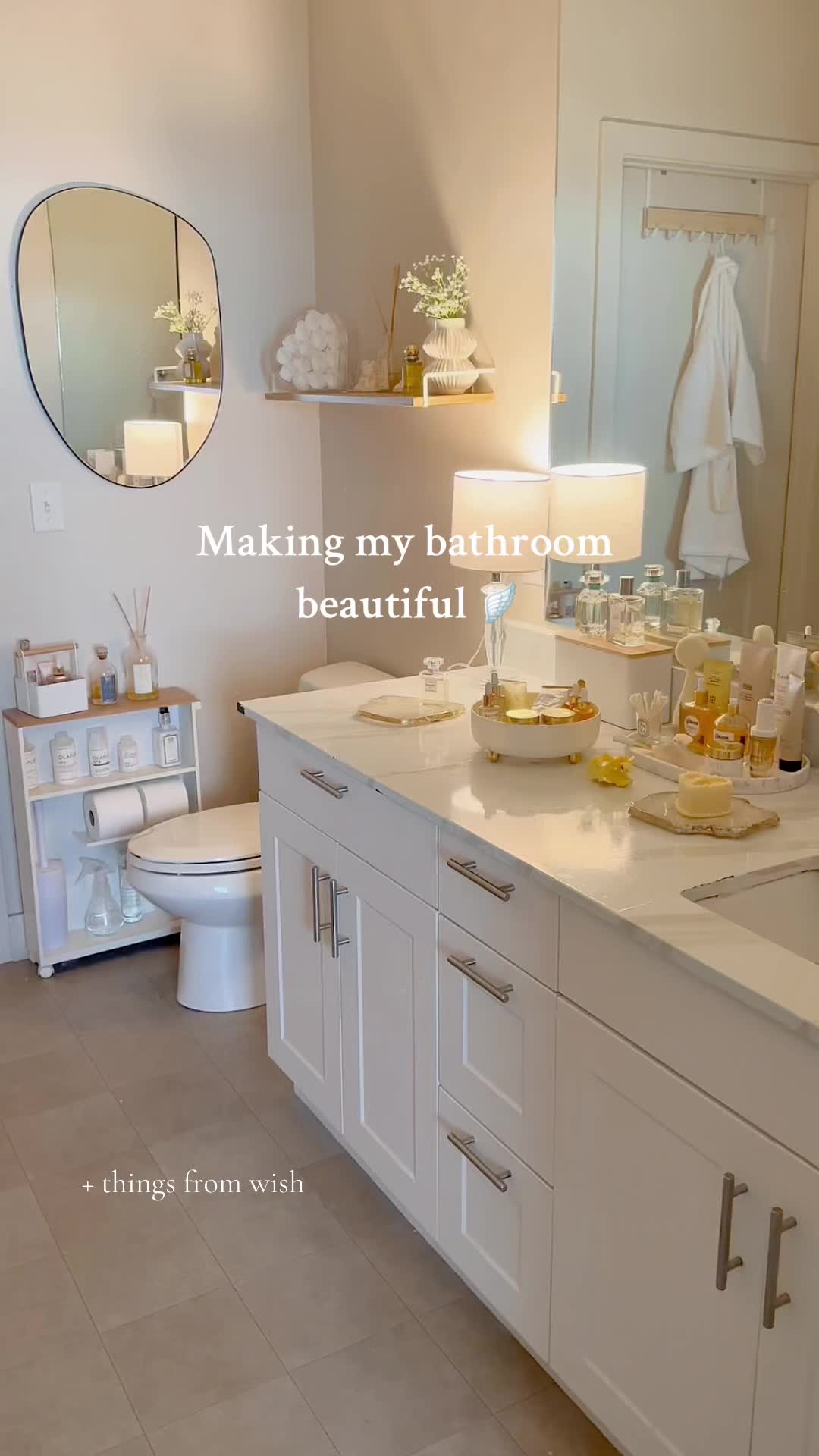 TikTok post by @herstylediary for WISH. Caption reads: Making my bathroom beautiful, luxurious, and....