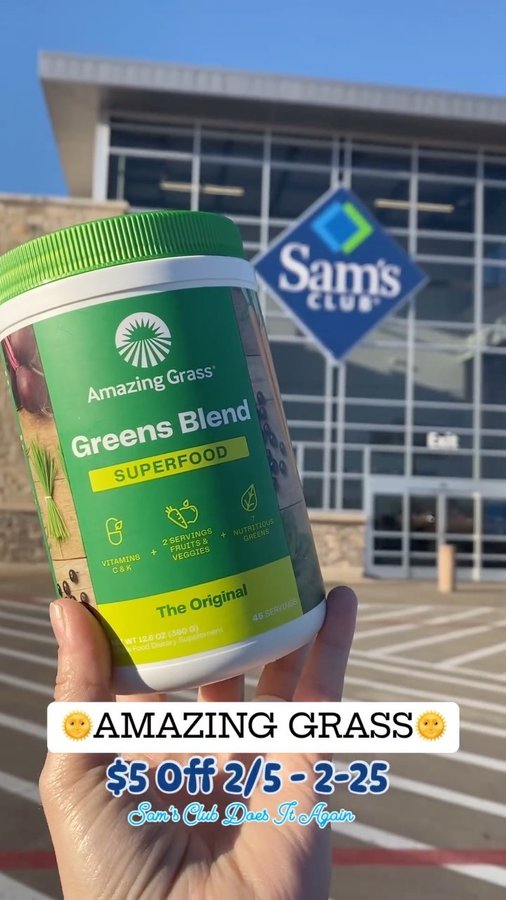 Instagram post by @samsclub_doesitagain for Amazing Grass. Caption reads: [...] grabbed a glass of milk + mixed in....