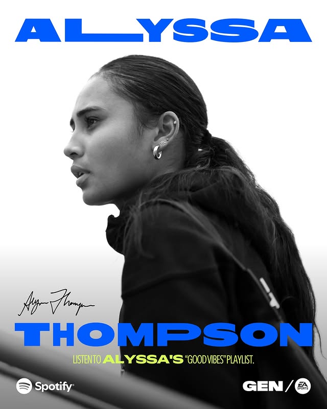 Instagram post by @alyssthomp for Spotify. Caption reads: [...] - game day and every day 🎶 Listen on....