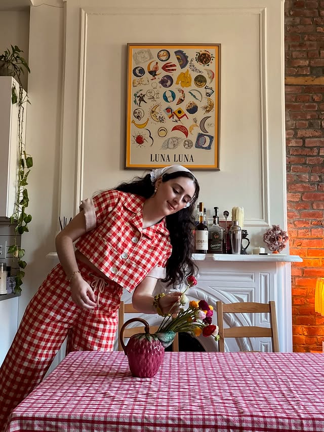Instagram post by @happy_tunes for Shop Noble. Caption reads: [...] tablescape and a gingham outfit from....