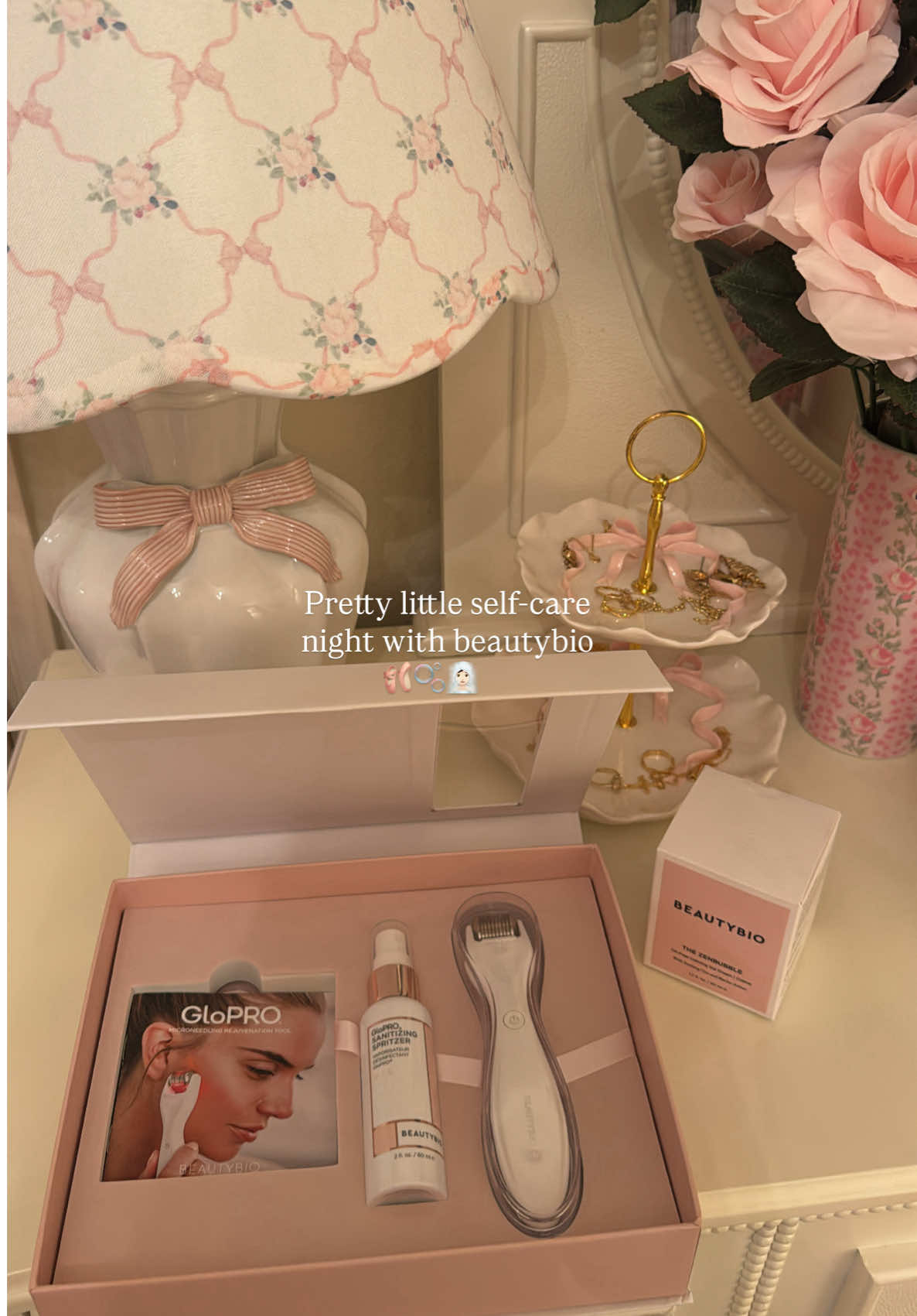 TikTok post by @alm.angie for BeautyBio. Caption reads: #gifted_by_BeautyBio 🎀 Girly self-care day with....