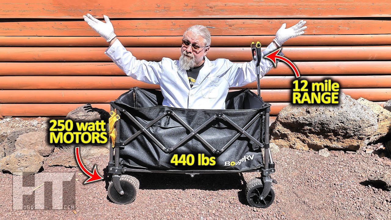 YouTube post by @HOBOTECH for BougeRV. Caption reads: BougeRV Electric Folding Battery Powered Camping....