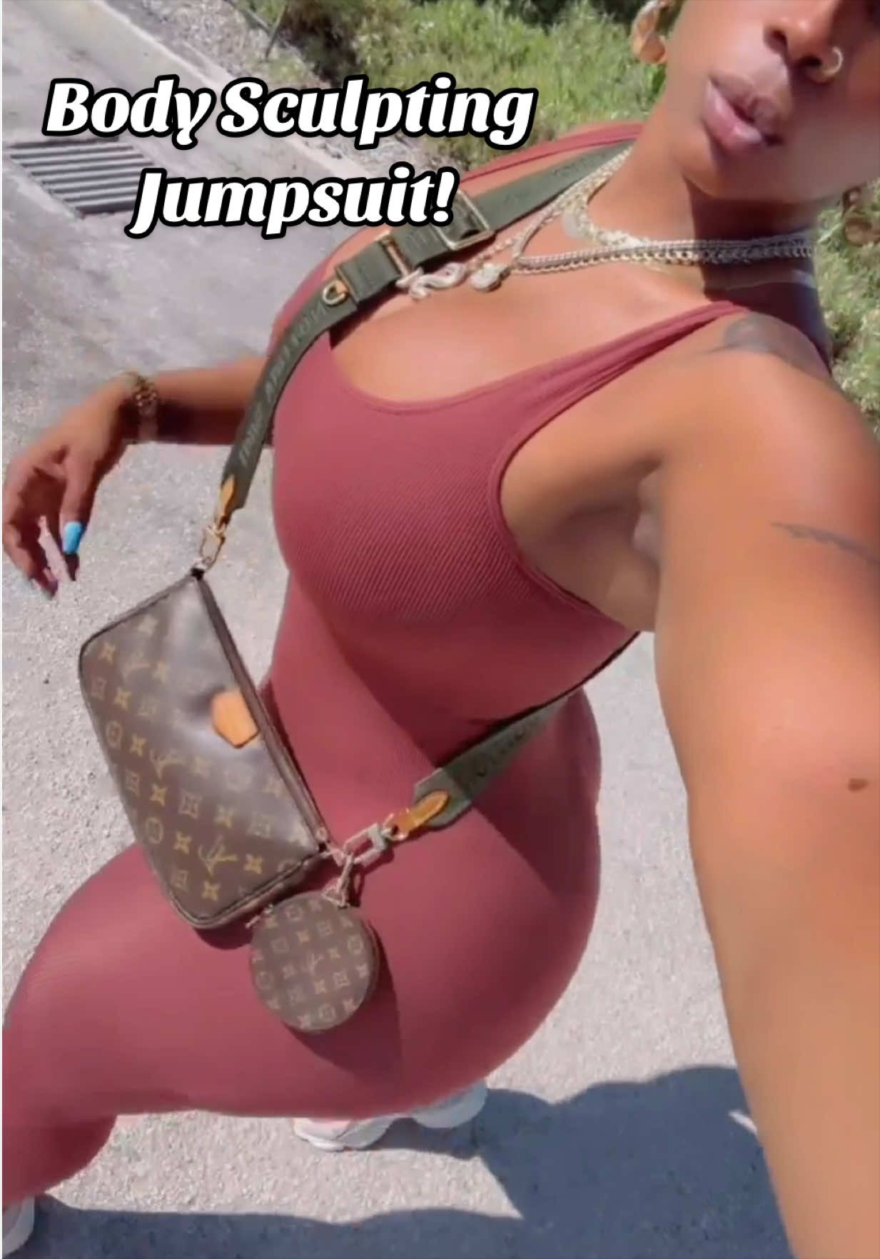 TikTok post by @thickndimples for BRXL. Caption reads: @BRXL Body Sculpting Jumpsuit! This bodysuit [...].