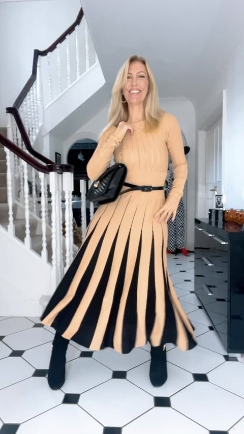 Instagram post by @georginaselects for Russell & Bromley. Caption reads: Love knit season and this dress from @karen_millen....