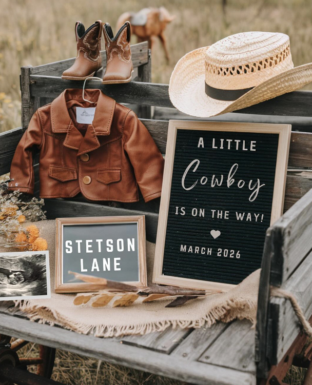 Instagram post by @karaparnelll for PinkBlush Maternity. Caption reads: A little cowboy is on the way... ✨️👶🐴....