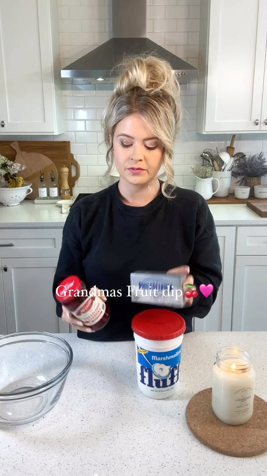 Instagram post by @aliciamarieluchini for Mezzetta. Caption reads: 🍒This 3 ingredient fruit dip is pure childhood....