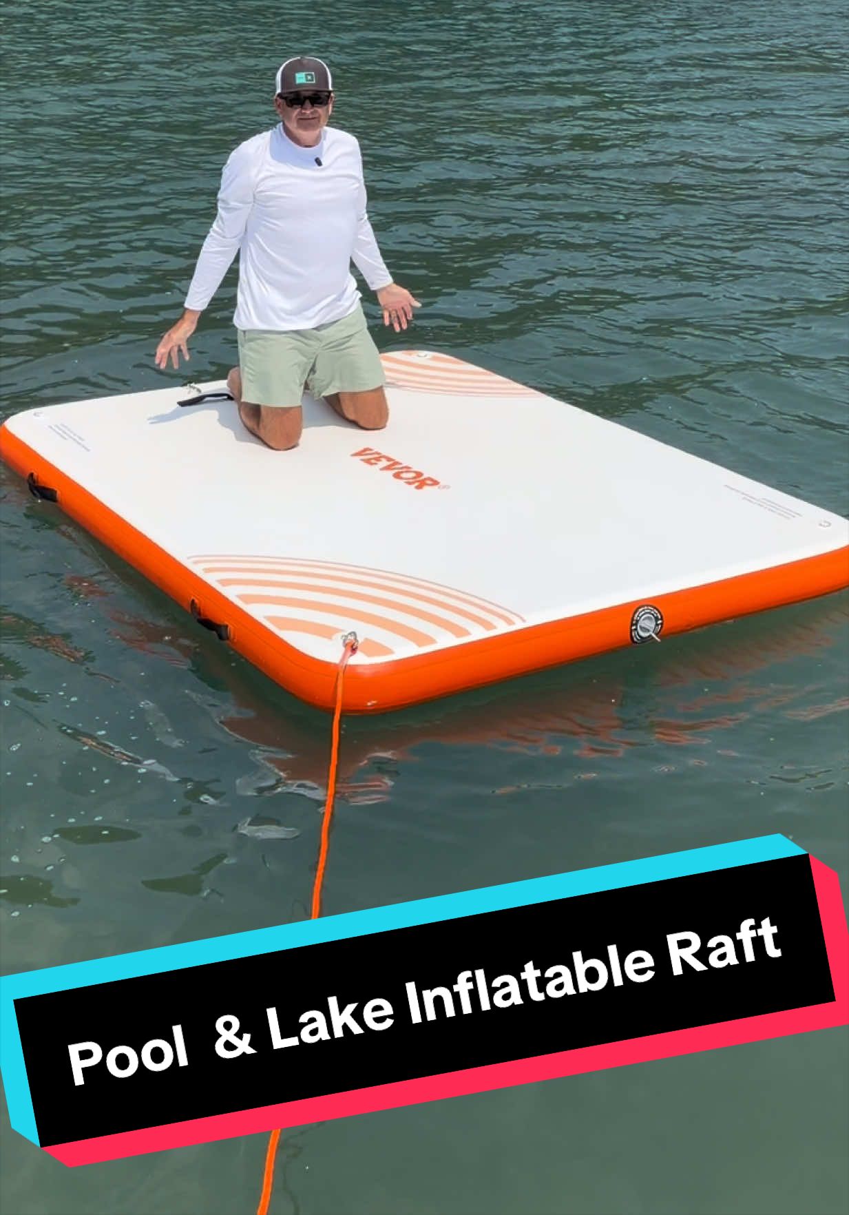 TikTok post by @robthevetdad for Vevor Outdoor Store US. Caption reads: Inflatable floating Raft for Pool or Lake.....
